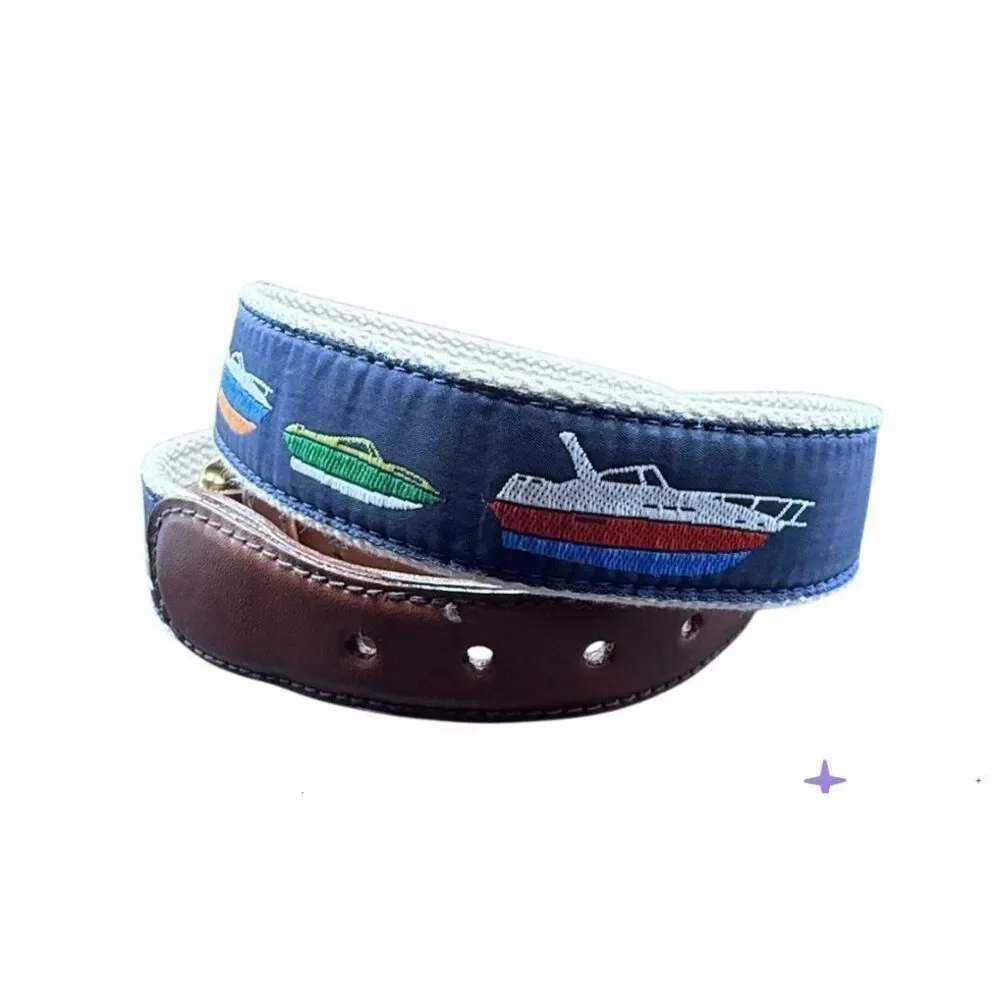 Canterbury Sz 32 Canvas Belt Blue Nautical Boats Leather Trim Solid Brass VTG